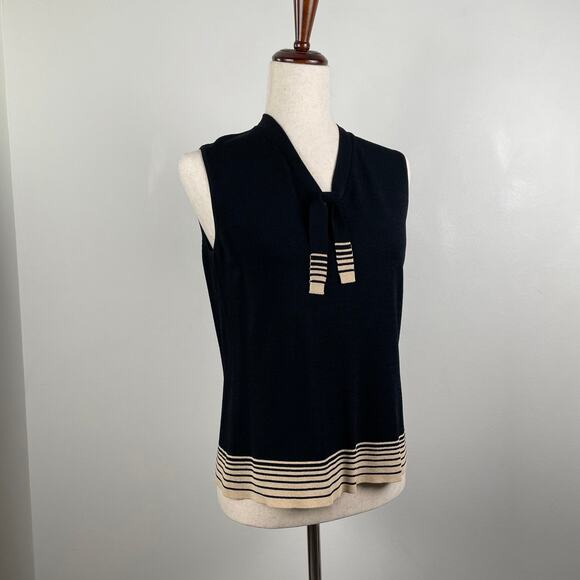 Vintage Jones NY Tie Neck Knit Sleeveless Sweater Top Black Retro Striped Vest M - Picture 8 of 10